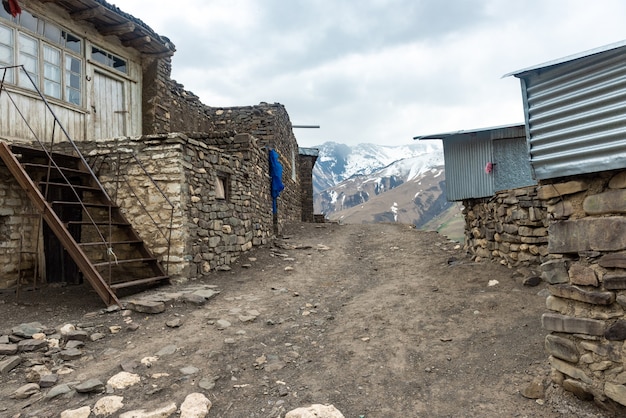 Oud highmountains dorp Khynalyg, Azerbeidzjan. Gebouwen, huizen en manier van leven