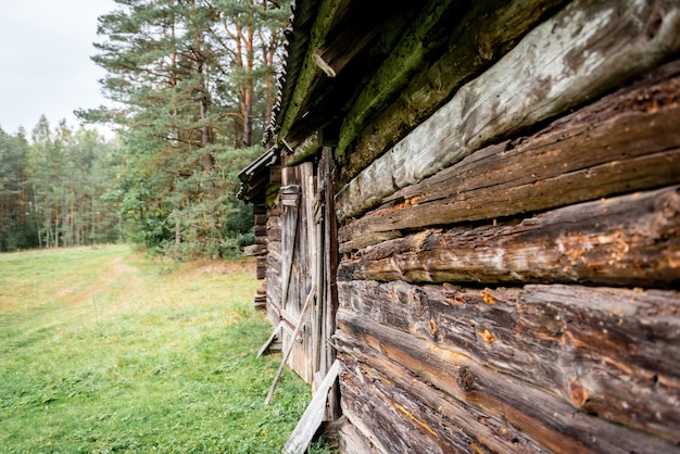 Oud houten blokhut dichtbij bos