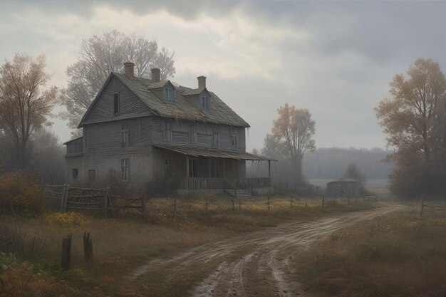 Oud houten huis in een mistige herfstdag Landschap Generatieve AI