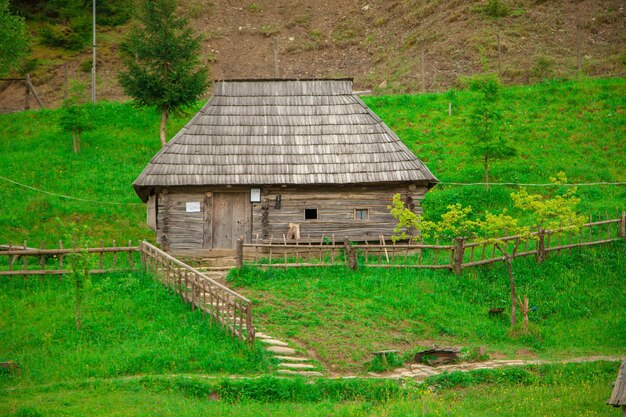 Oud houten huis op een groene heuvel horizontale foto