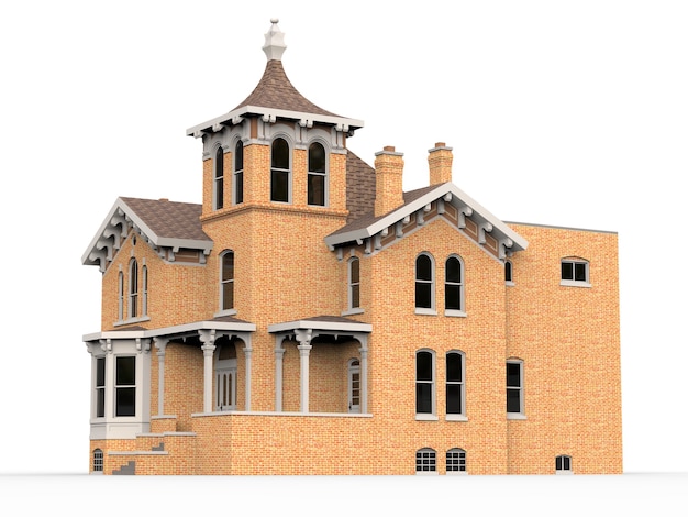 Oud huis in Victoriaanse stijl. Illustratie op een witte achtergrond. Soorten van verschillende kanten. 3D-weergave.