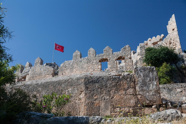 Oud kasteel bovenop een berg in Kalekoy Simena, Turkije, liggend op een lange-afstandstrekkingroute van Lycische weg