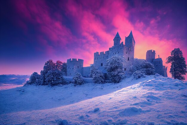 Oud kasteel in de sneeuw Winteravondlandschap met zonsonderganggrond bedekt met witte sneeuw 3D illustratie