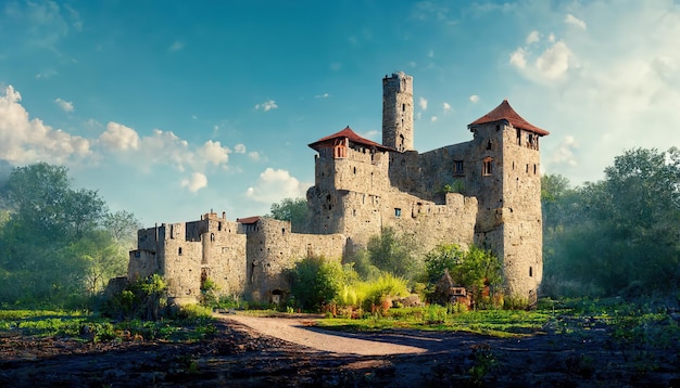 Oud kasteel met stenen muren en groen van bomen en struiken onder een blauwe hemel met witte wolken 3d illustratie