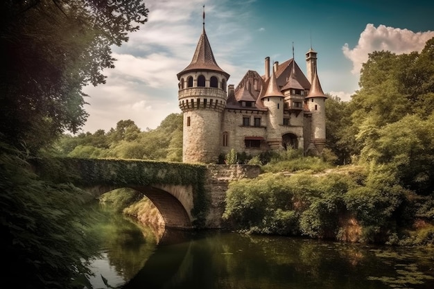 Oud kasteel, serene meer, weelderige tuinen en pittoreske bruggen, generatieve IA