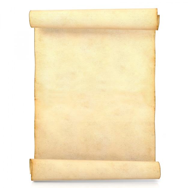 Foto oud leeg antiek roldocument dat bij het witte, 3d teruggeven wordt geïsoleerd