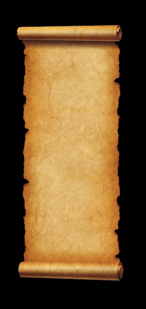 Oud papier verticale banner Perkamentrol geïsoleerd op zwart