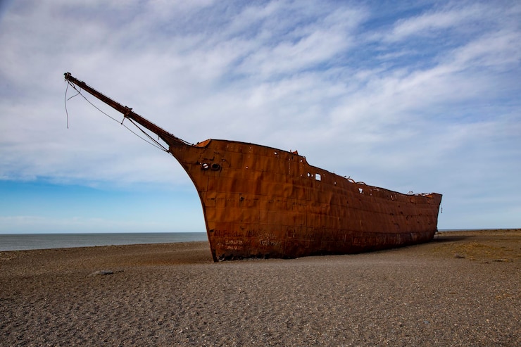 Foto oud roestig verlaten schip op het strand