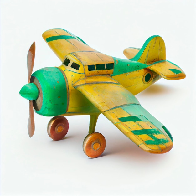 Oud stuk speelgoed vliegtuig, dat op witte achtergrond wordt geïsoleerd.