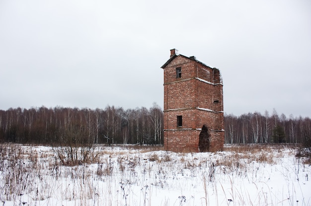 Oud verlaten bakstenen huis in een veld