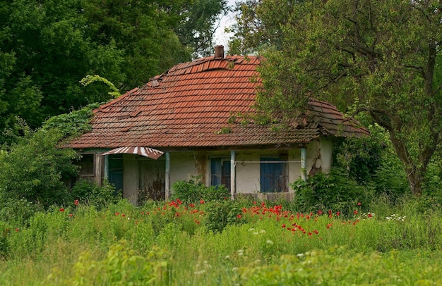 Oud verlaten huis op het platteland met gebroken dak en ramen