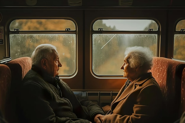 Oud volwassen stel in de trein naast het raam.