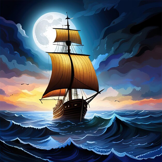 Oud zeilschip dat 's nachts de golven van een wilde stormachtige zee trotseert
