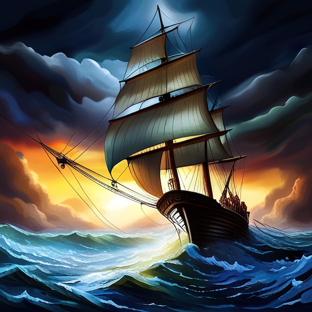 Oud zeilschip dat 's nachts de golven van een wilde stormachtige zee trotseert