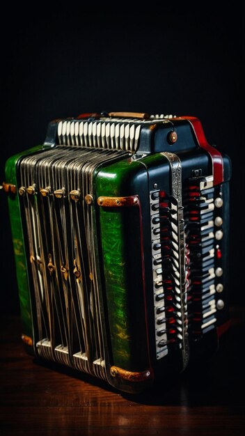 Foto oude accordeon op rustiek houten oppervlak met zwarte achtergrond en low key verlichting selectieve focus