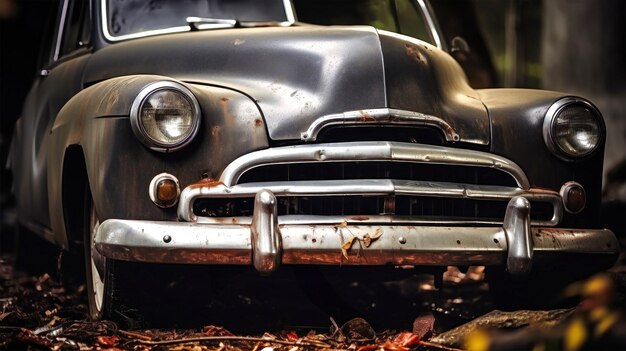 Oude auto geparkeerd in een stapel bladeren
