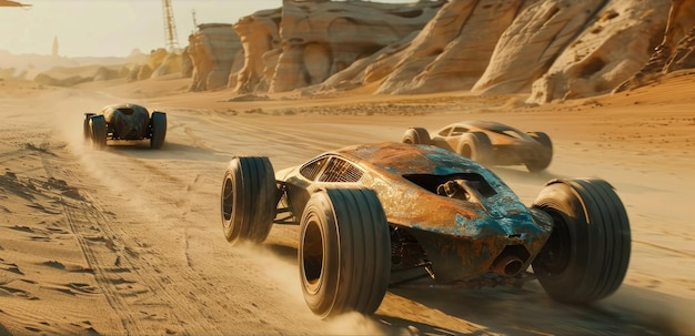 Oude auto's racen in post-apocalyptische tijden vintage ijzeren voertuigen rijden snel in de woestijn als een futuristische film Concept van fantasy dystopie sport snelheid apocalyps en toekomst