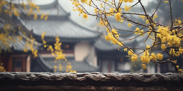 Oude Aziatische Japanse Chinese oude vintage retro stad stad bouwen tempel met de natuur