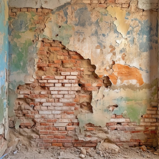 Oude bakstenen muur met sporen van oud gips verwoest oppervlak