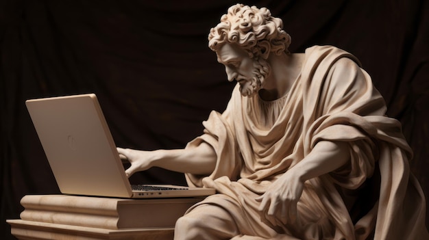 Oude beeldhouwkunst die met een laptop werkt