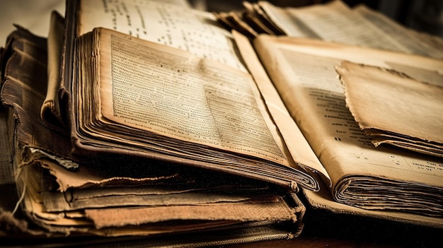 Oude beschadigde boeken of geschiedenisrollen geschreven in de Middeleeuwen of eerder Generatieve ai