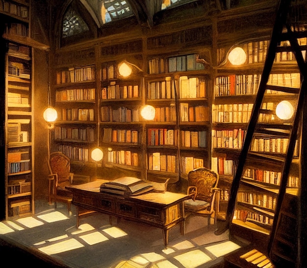 Oude bibliotheek met veel boekenplanken kast met veel boeken digitale illustratie gouden licht van groot raam in donkere kamer magisch archief van kennis concept art