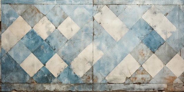 Oude blauwe witte roestige vintage versleten shabby patchwork geruite schaak schaakbord lozenge diamant rue motief tegels steen beton cement muur textuur achtergrond banner