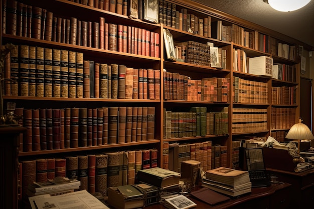 Oude boekenplanken in de bibliotheek van de Universiteit van Cambridge Engeland Zoveel vintage wetboeken op een enorme boekenplank AI Generated