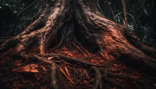 Oude boomstam bevat mysterie van groei in landelijk landschap gegenereerd door AI