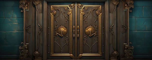 Foto oude bruine deur met grote gouden in de stijl van het occultisme geïnspireerd