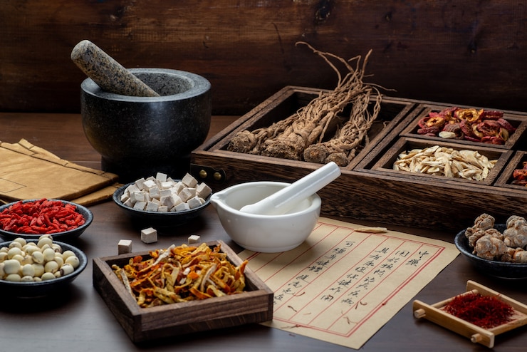 Foto oude chinese geneeskundeboeken en kruiden op tafel.