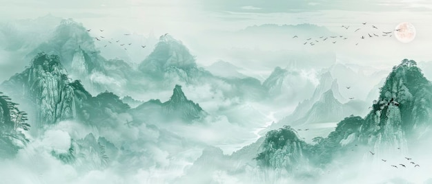 Oude Chinese landschapsschilderkunst met traditionele stijl met groene achtergrond en blauw