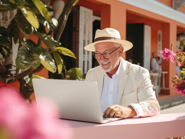 Oude Colombiaanse man aan het werk op een laptop in een levendige stedelijke omgeving