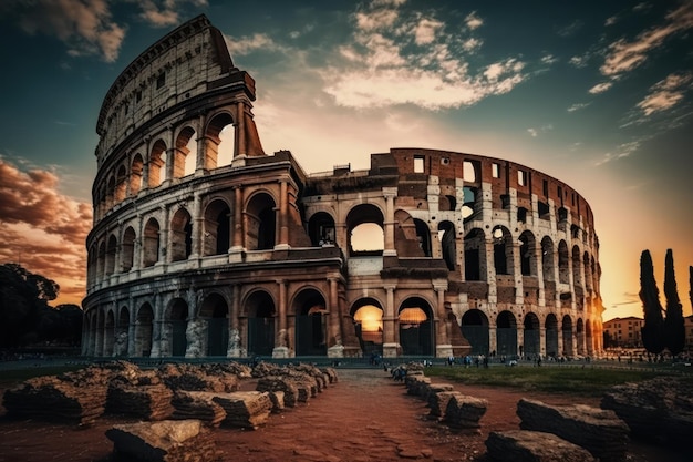 Oude Colosseum in Rome bij zonsondergang Gemaakt met generatieve AI-technologie