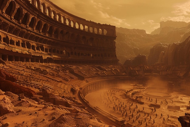 Foto oude colosseum op een buitenaardse planeet met gladia.