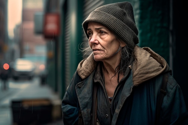 Oude dakloze vrouw op een regenachtige dag gegenereerd door AI