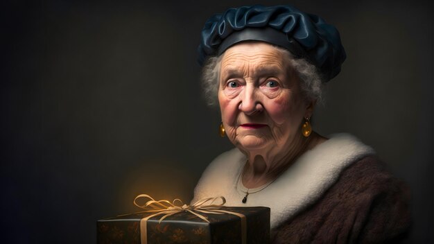 Oude dame met kerstcadeau portret neuraal netwerk gegenereerde kunst