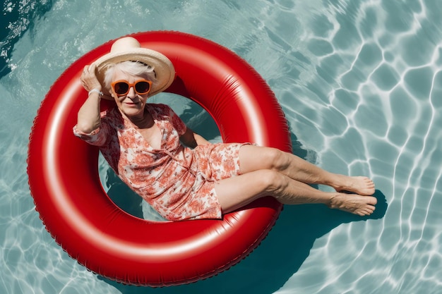 Oude dame zonnebril zwembad ring ontspannen volwassene genereren Ai