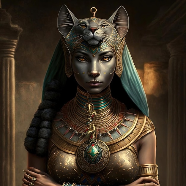Foto oude egyptische godin bastet oude egyptische katvrouw met gouden sieraden ai
