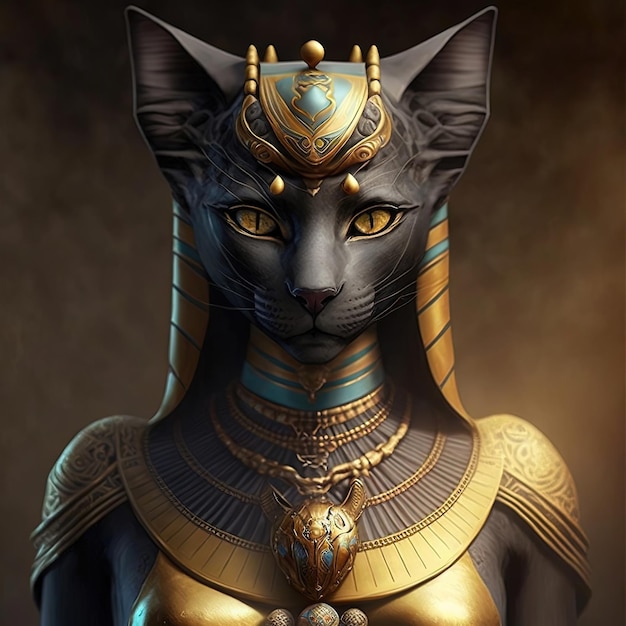 Oude Egyptische godin Bastet Oude Egyptische katvrouw met gouden sieraden AI