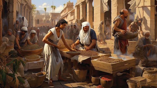 Oude Egyptische handelaren ruilden goederen op een markt