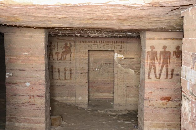 Foto oude egyptische vingen en hiërogliefen bij graven van de edelen in aswan egypt