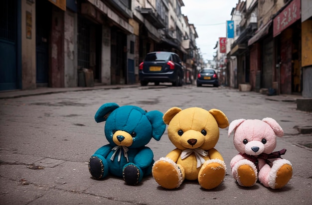 Oude en gehavende knuffels liggen op straat De stortplaats van het verlaten speelgoed Generatieve AI