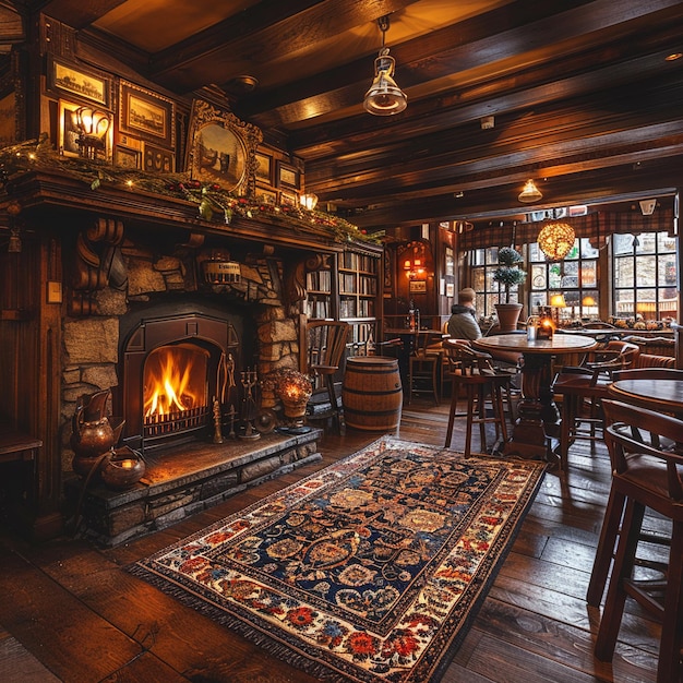 Oude Engelse pub met donkere houten gezellige open haarden