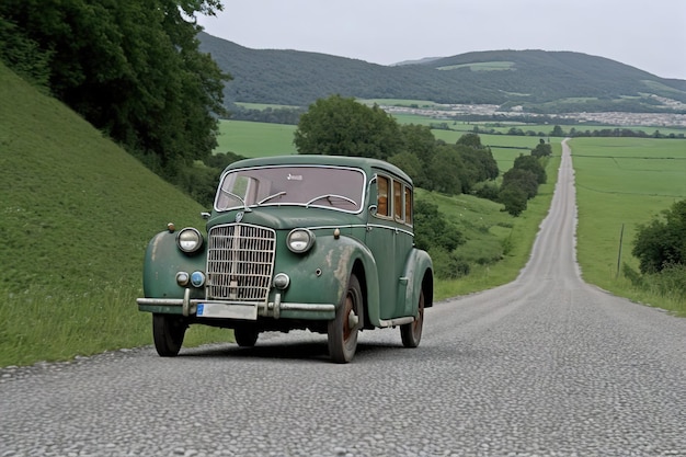 Oude Europese auto rijden op een landweg