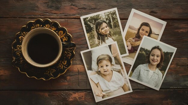 Oude foto's op de houten tafel.