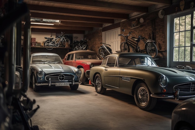 Oude garage met oldtimers waaronder een oude klassieker en een sportwagen gemaakt met generatieve AI