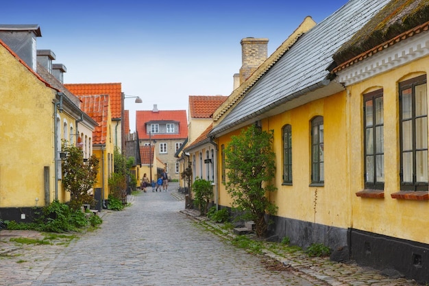 Oude gele huizen gelegen in Dragoer Denemarken Kleine oude huizen in historische stad Steegjes met geel geschilderde huizen, rode daken en geplaveide straten gebouwd in de traditionele Deense stijl