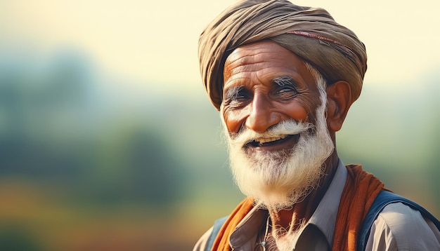 Oude gelukkige Indiase man op de achtergrond van bergen in India