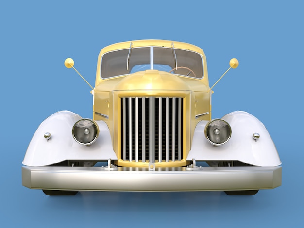 Oude gerestaureerde pick-up. Pick-up in de stijl van hot rod Gouden-witte auto op een blauwe achtergrond.